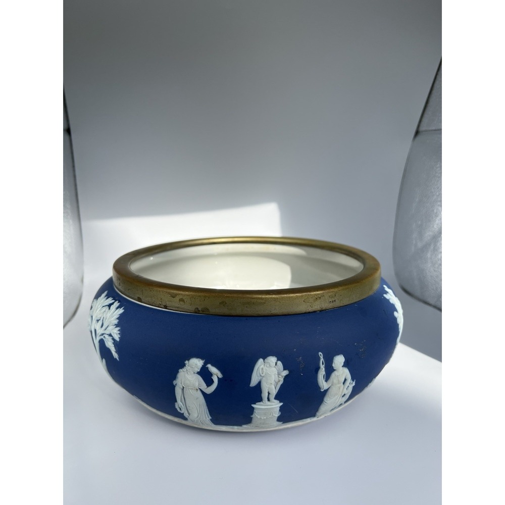Wedgwood Blue Jasperware Furner Large Bowl Centerpiece Silver-Plated Rim c.1873